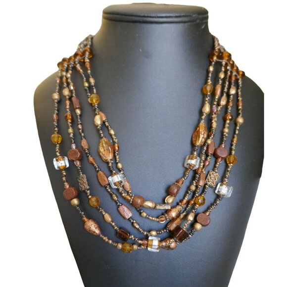 Vintage Mixed Media Earth Tones 5 Strand Beaded Necklace - Picture 1 of 7